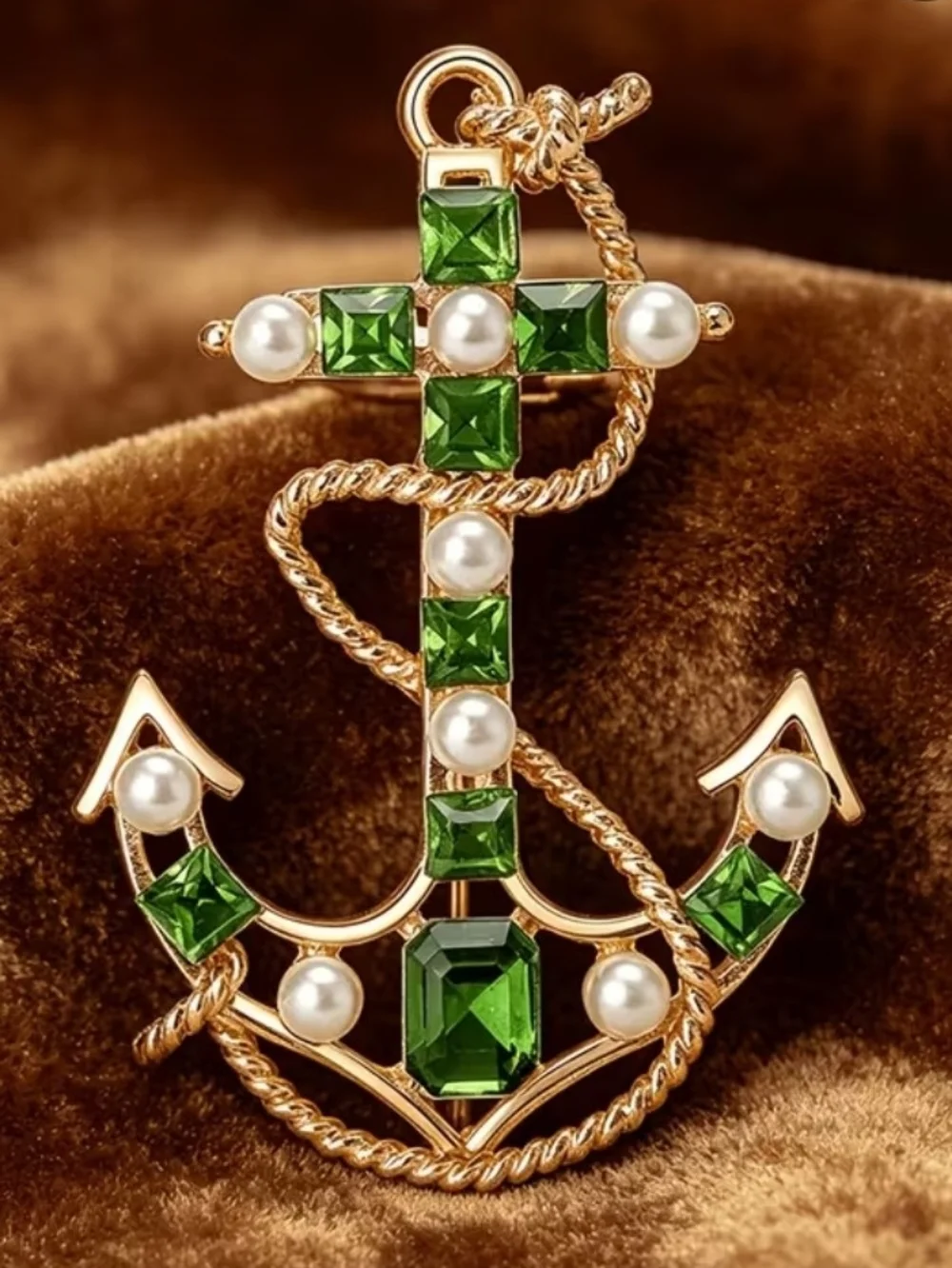Golden Anchor Pendant Necklace with Green Gemstones and Faux Pearls